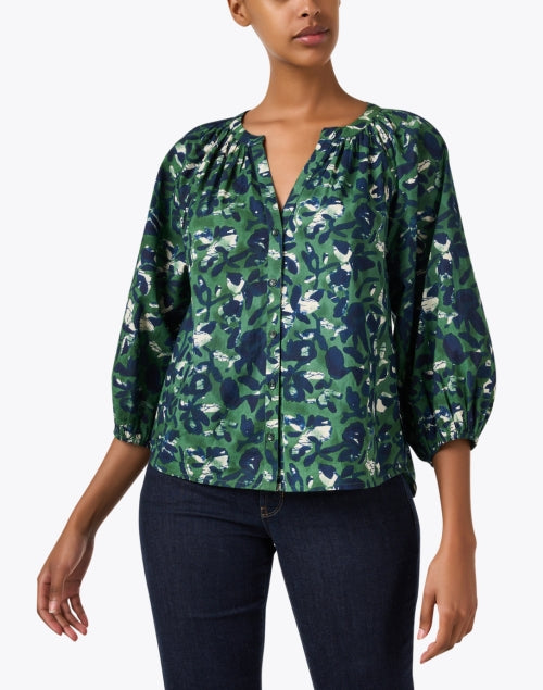 Green-Printed Lightweight Cotton Mitte Top with Balloon Sleeves