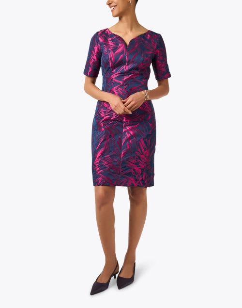 Stylish Magenta Jacquard Short - Sleeve Knee - Length Dress