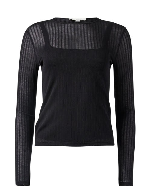 Stylish Black Ribbed Knit Sheer Long Sleeve Women's Top with Stretch Tank Lining