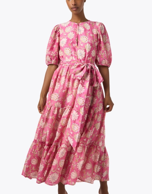 Stunning Pink Floral Print Short Puff Sleeve Maxi Dress