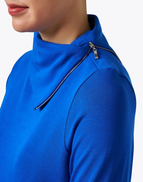 Elegant Blue Pima Cotton Cowl - Zipper Neck Long - Sleeve Tunic