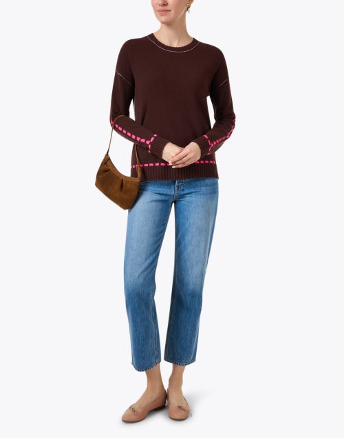 Chic Dash Brown 100% Cashmere Sweater with Pink Stitch Detailing