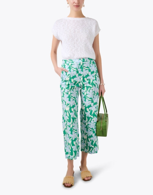 Stylish Wide-Leg Cropped Green and Blue Floral Print Pants