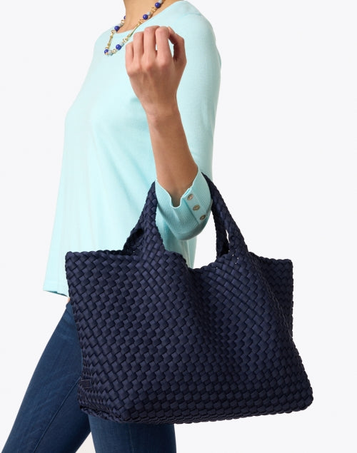 St. Barths Medium-sized Navy Blue Woven Neoprene Handbag - Ideal Tote with Matching Pouch