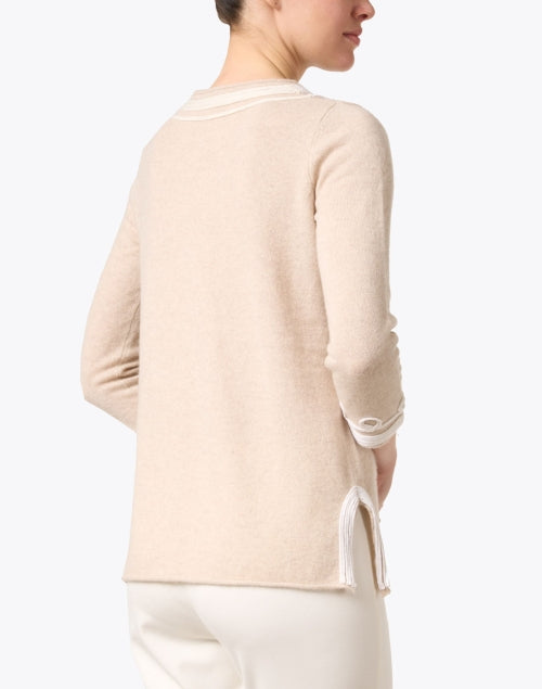 Calipso Beige Cashmere Top with Intricate White Embroidery