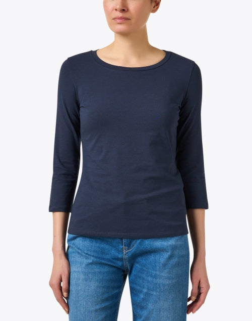 Stylish Navy Stretch Cotton Blend Jersey Three - Quarter Sleeve Top by Weekend Max Mara