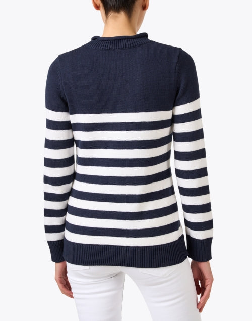 Comfortable Navy and White Striped Roll Neck Cotton Blend Sweater