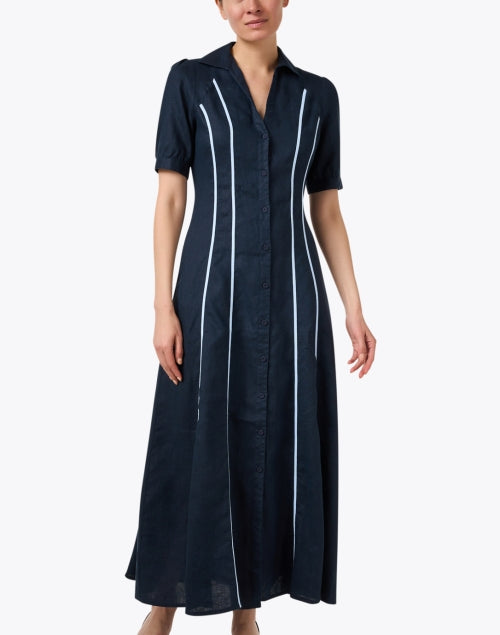Stylish Light Blue Piped 100% Linen Maxi A-Line Navy Shirt Dress