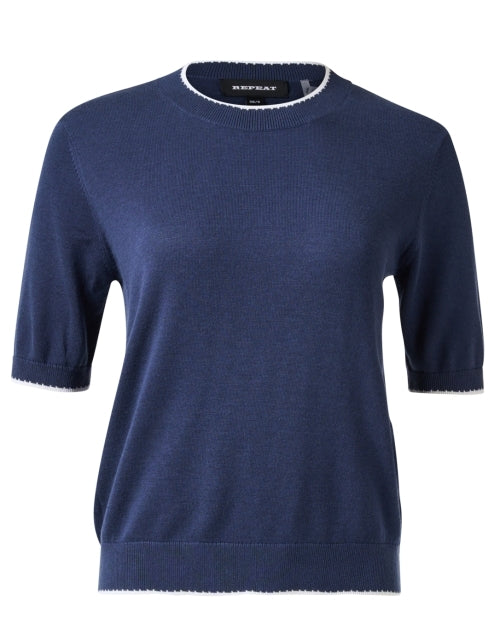 Navy Blue Knit Cotton Blend Short Sleeve Women's Top