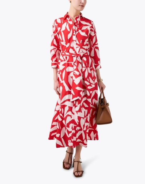 Red Printed Cotton Women's Shirt Style Maxi Dress