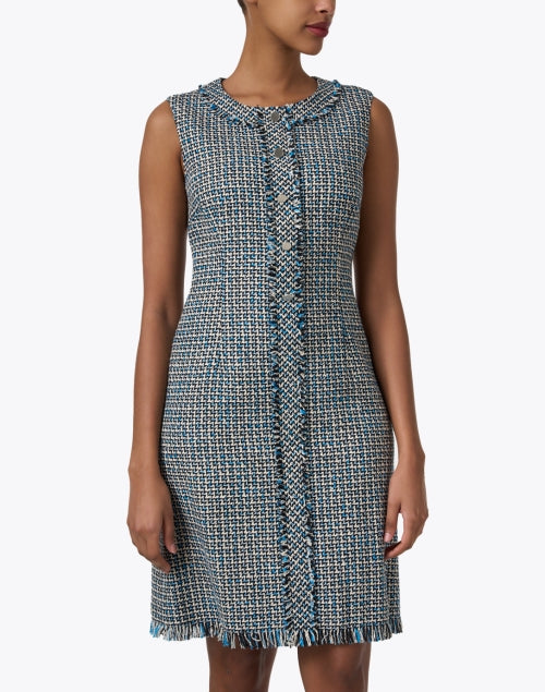 Laura's Blue Tweed Mini Sheath Dress with Fringe Detailing - A Fashionable Women's Dress for the New Season