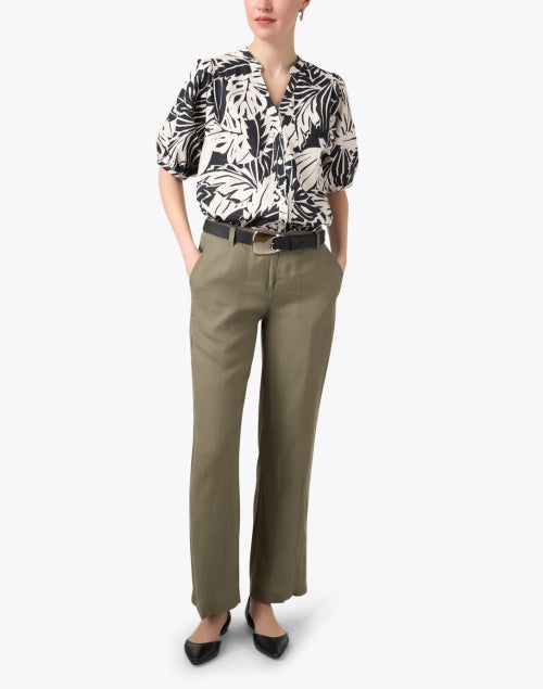Stylish Asteria Black-and-White Palm Print Cotton Poplin Blouse