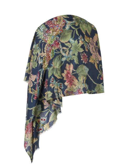 Stylish Serenade Blue Wool-Silk Blend Floral Beaded Scarf