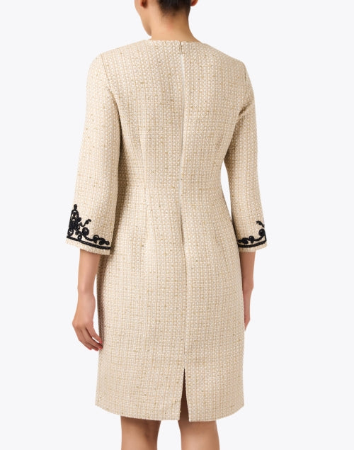 Stylish Beige Tweed Sheath Dress with Embroidered Cuffs