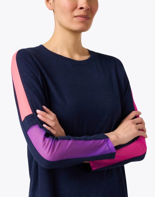 Navy-Colored 100% Cotton Mesh Striped Casual Top