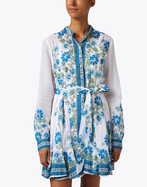 Stylish Blue and White Printed Cotton Godet Dress for Women