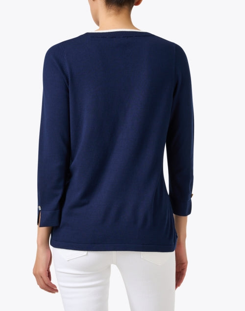 Stylish Navy and White Relaxed Knit Top with Button Detail