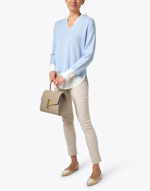 Stylish Sky - Blue Cashmere Blend Sweater with White Shirt Detailing