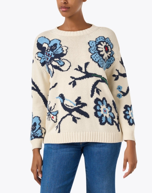 Weekend Max Mara Cream Base Blue Floral Cotton Blend Sweater