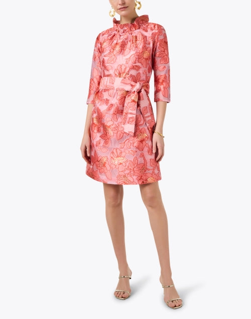 Claudine Pink Floral Stretch Organza Women's Shift Dress with Removable Self - tie Belt