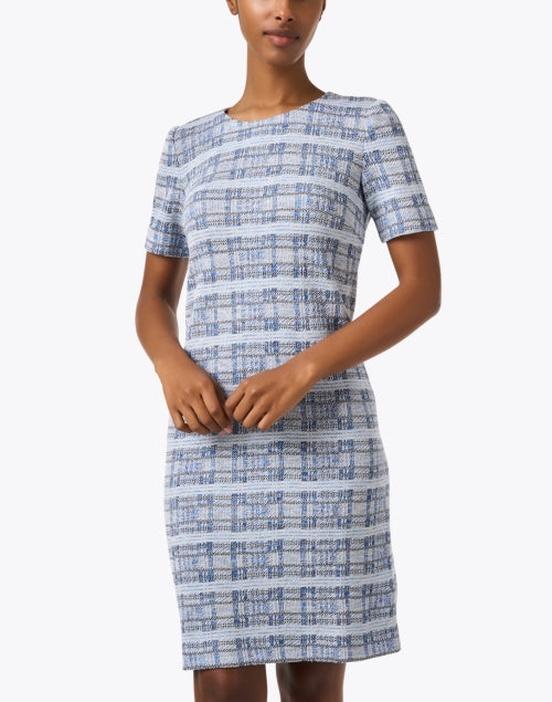 Amina Rubinacci's Stunning Blue Plaid Printed Mini Shift Dress
