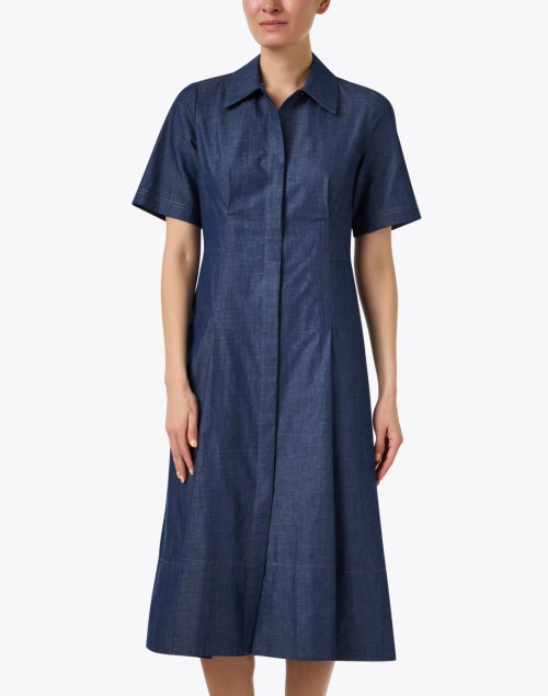 Stylish Indigo Dyed Cotton Chambray A-Line Shirt Dress