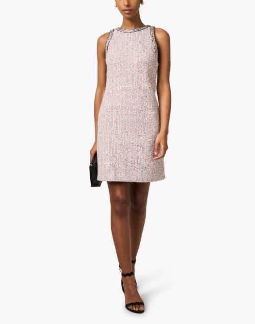 Elegant Pink Boucle Tweed Sheath Dress with Black and White Hints