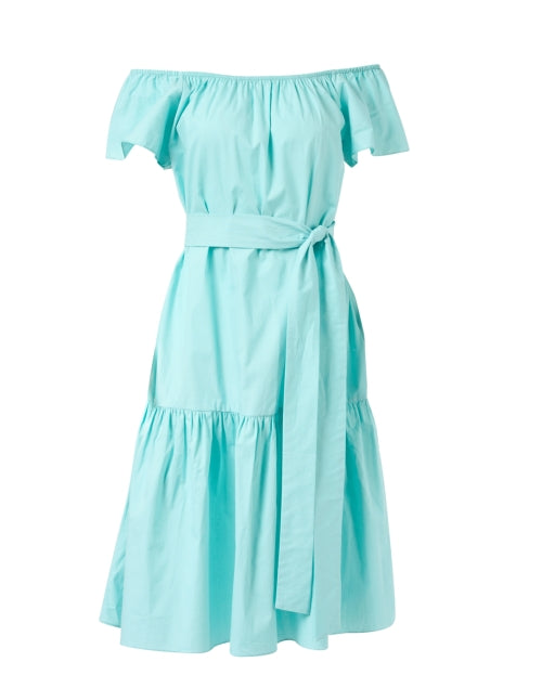 Thalia Comfortable Short - Sleeved Round - Neck Aqua Cotton Summer Dress