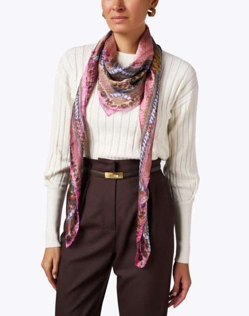 Fashionable Pink Multicolored Print Italian Silk Scarf for Women