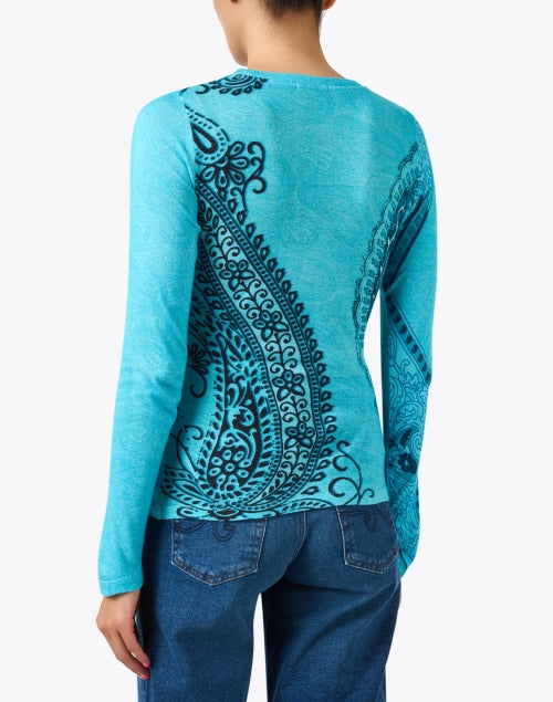 Stylish Blue Paisley-Printed Luxury Bamboo, Cashmere & Silk Blend Sweater