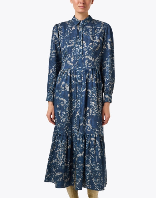 Stylish Women's Blue Floral Pattern Print Shirt Style Dress