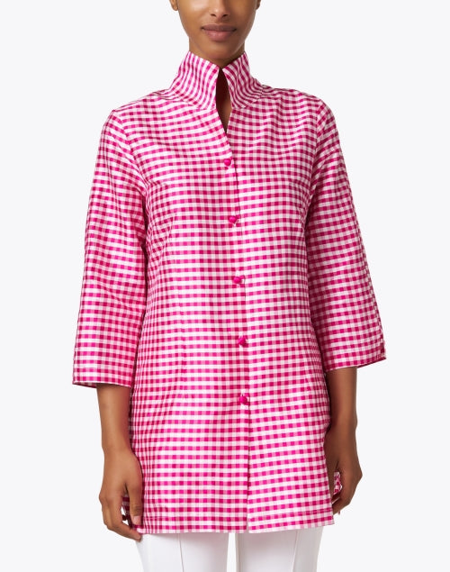 Rita Silk Women's Pink and White Checkered Blouse Top
