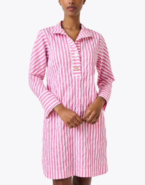 Elegant Pink and White Striped Women's Stretch Cotton Blend Shirt Dress