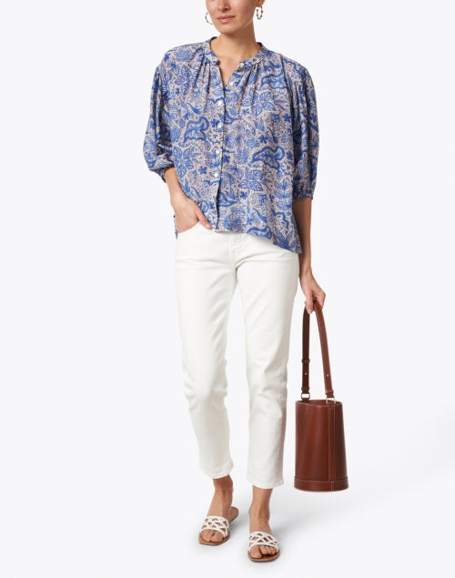 Nora Women's Blue Botanical Print Cotton - Silk Casual Blouse for Warm Weather