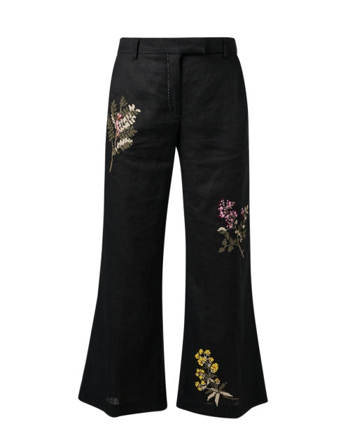 Stylish Black Floral - Embroidered Lightweight Linen Wide - Leg Pants