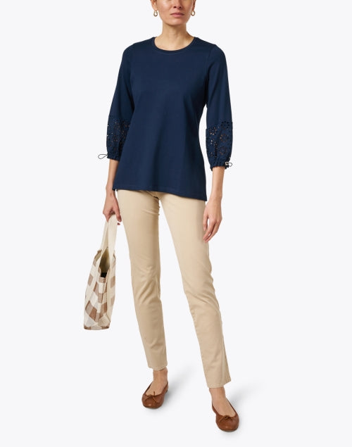 Navy Stretch Pima Cotton Top with Eyelet Cuff Detailing on 3/4 Sleeves