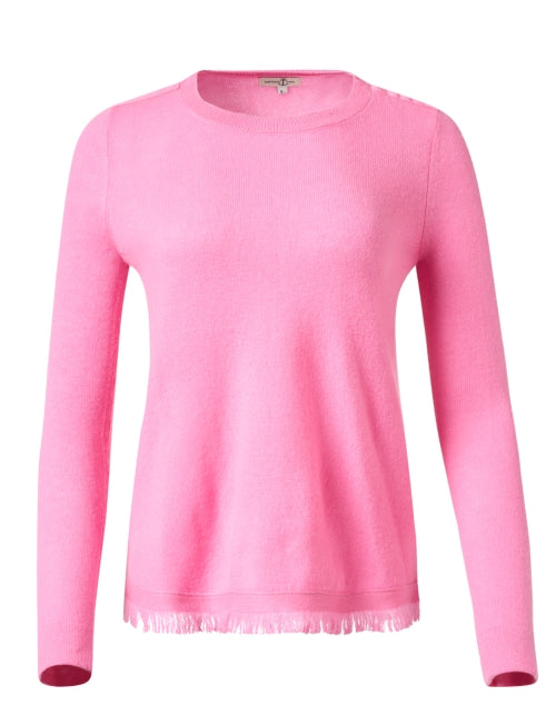 Soft Pink Cashmere Crew Neck Sweater with Stylish Fringe Hem