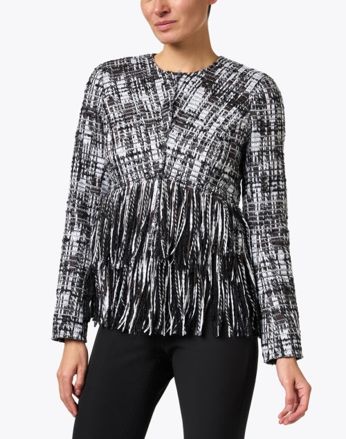 Stylish Black and White Tweed Fringe Women's Jacket for Fashionable Outfits
