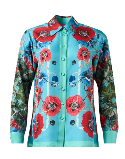 Vibrant Blue and Red Printed 100% Silk Shirt by Franco Ferrari