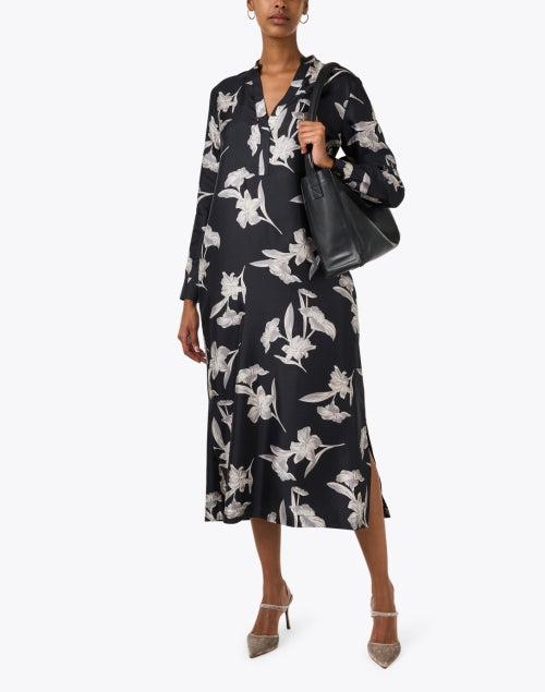Elegant Black Floral Printed Silk Women's Dress
