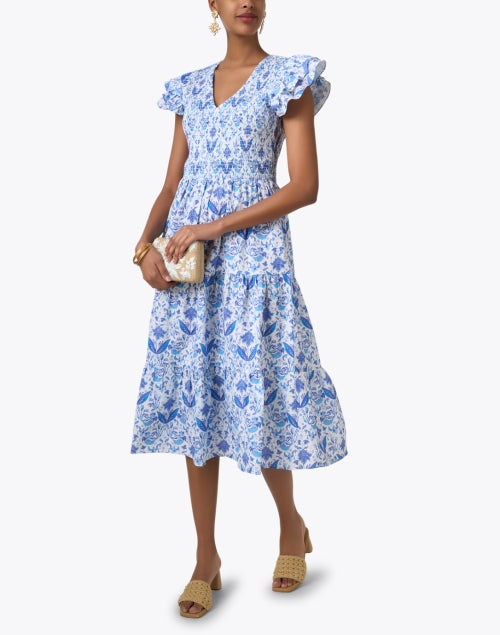 Stylish Blue and White Patterned Smocked Cotton Women's Dress
