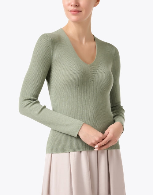 Stylish Sage Green Wool and Lurex Blend V - Neck Sweater for Fall