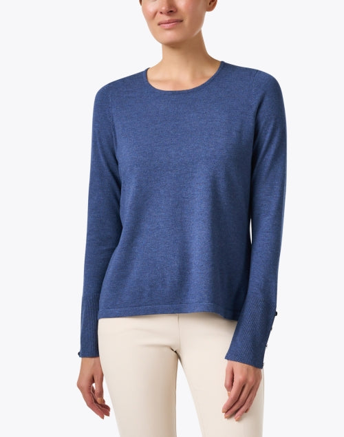 Stylish Indigo Knit Crew Neck Top with Button Cuff Detailing