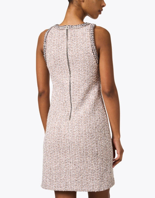 Elegant Pink Boucle Tweed Sheath Dress with Black and White Hints