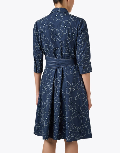 Navy Blue Floral Embroidered Cotton Blend Shirt Dress