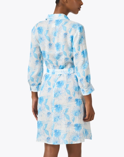 120% Lino Women's Breathable White and Blue Floral Print Linen Shirt Dress for Sunny Days