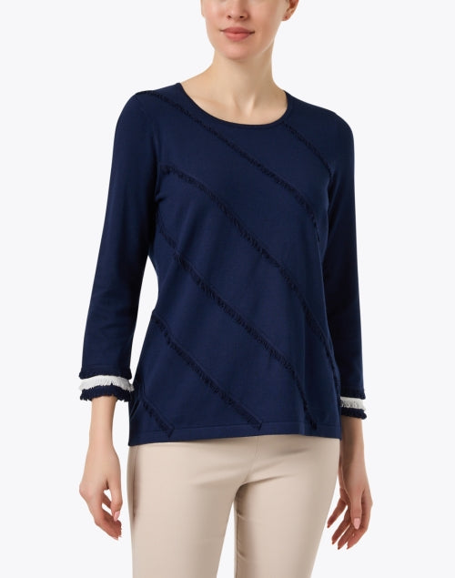 Navy and White Fringed Knitted Women's Top for Modern Wardrobe