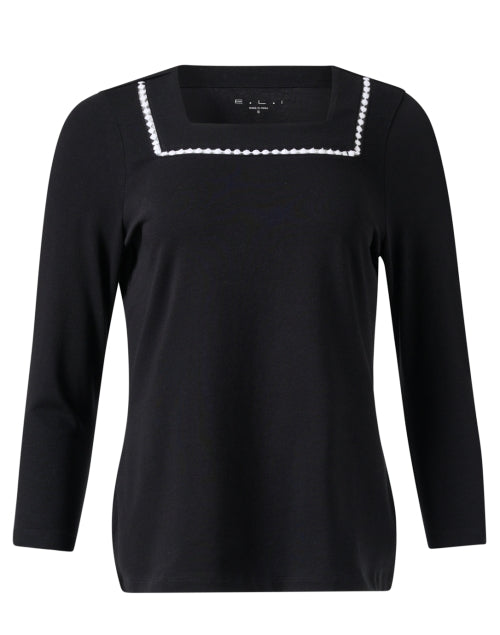 Stylish Black Cotton Knit Top with Embroidered White Stitch Detail