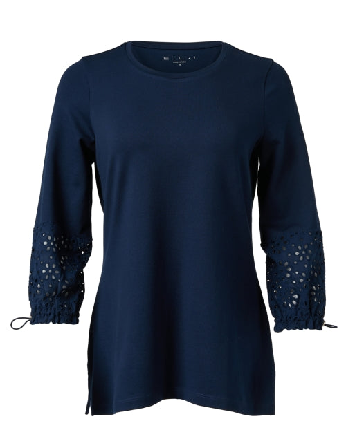 Navy Stretch Pima Cotton Top with Eyelet Cuff Detailing on 3/4 Sleeves
