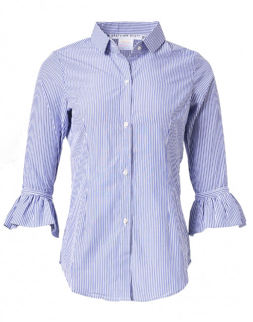 Navy and White Striped Cotton Blend Button - Down Women's Top for Everyday Wear